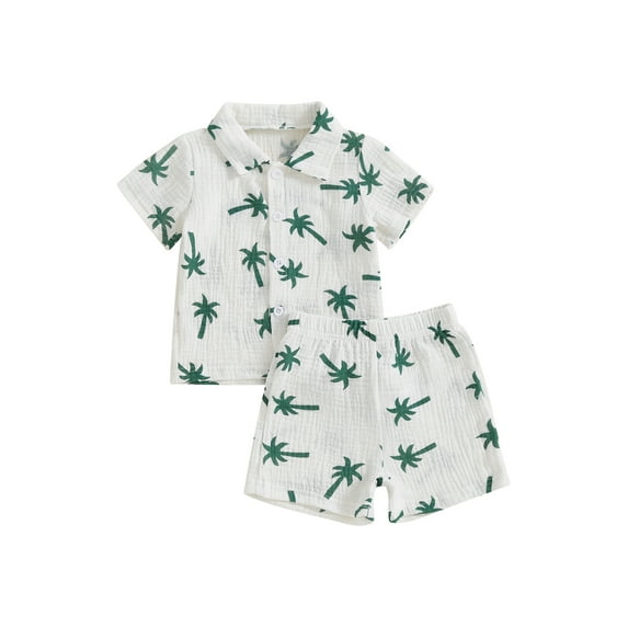 JYYYBF Baby Boys Summer Outfits Palm Tree Print Button up Short Sleeves T-Shirt and Elastic Shorts Set for 2 Piece Clothes Set