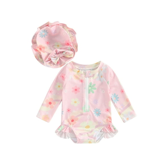 JYYYBF Baby Girl 2 Piece Bathing Suit Set, Long Sleeve Zip Up Flower Print Rash Guard Swimsuit   Sun Hat Infant Toddler Swimwear Outfit