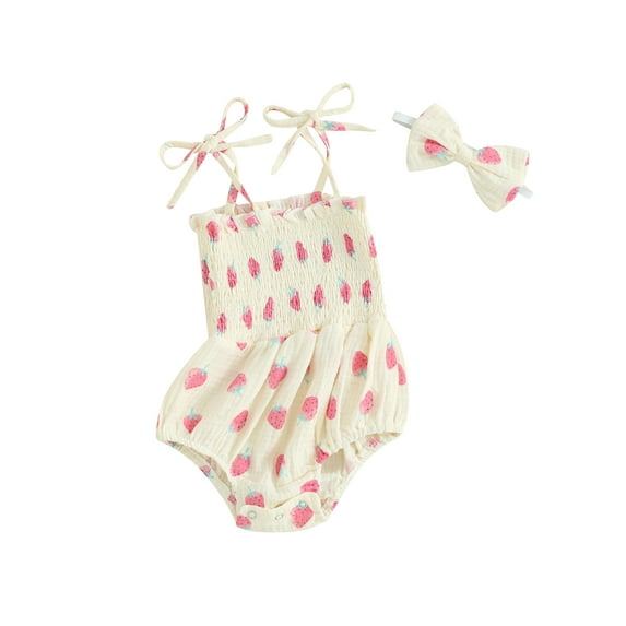 JYYYBF Baby Girl 2Pcs Summer Outfits Cute Sleeveless Tie Strap Smocked Romper with Headband Set Infant Clothes