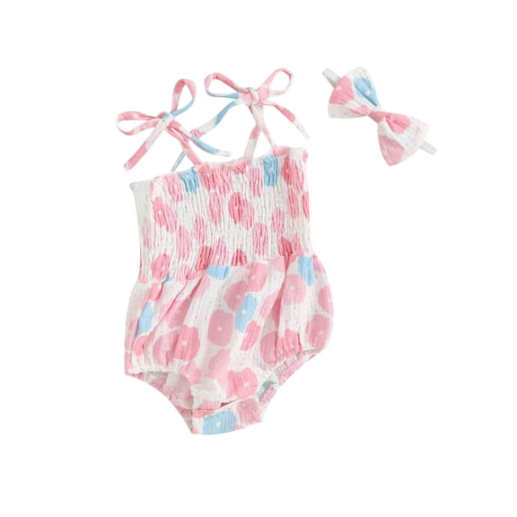 JYYYBF Baby Girl 2Pcs Summer Outfits Cute Sleeveless Tie Strap Smocked Romper with Headband Set Infant Clothes