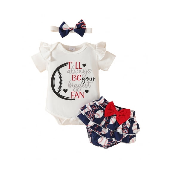 JYYYBF Baby Girl 3Pcs Baseball Outfits Short Sleeve Romper   Ruffle Shorts   Headband Set Newborn Clothes