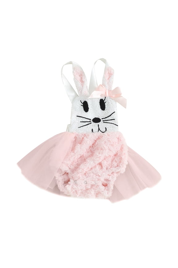 Baby Girl Easter Dress Jumpsuit Sleeveless Bunny Pattern Tulle Patchwork Fuzzy Romper
