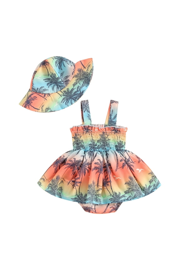 Baby Girl Summer Jumpsuit Tree Print Gradient Sleeveless Romper Dress and Sun Hat Set Cute Fashion Clothes Outfits