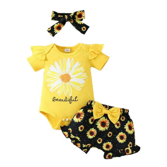 JYYYBF Baby Girl Summer Outfits Letter Print Short Sleeve Rompers Sunflower Print Shorts Headband 3Pcs Clothes Set