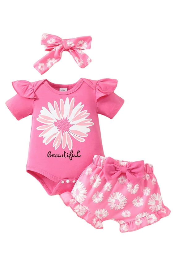 Baby Girl Summer Outfits Letter Print Short Sleeve Rompers Sunflower Print Shorts Headband 3Pcs Clothes Set