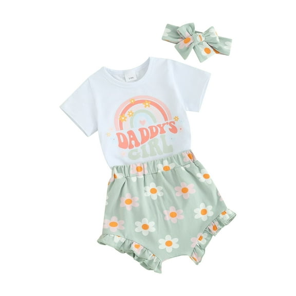 JYYYBF Baby Girl Summer Outfits Letter Rainbow Floral Print Short Sleeve Rompers Shorts Headband 3Pcs Clothes Set