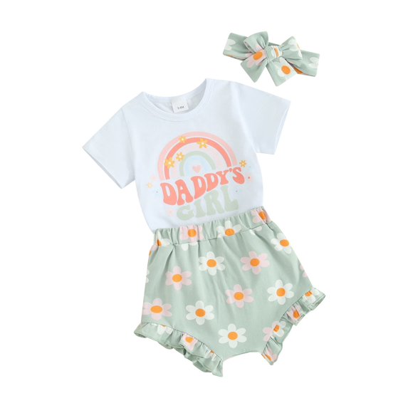 JYYYBF Baby Girl Summer Outfits Letter Rainbow Floral Print Short Sleeve Rompers Shorts Headband 3Pcs Clothes Set