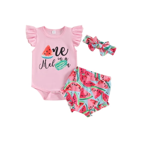 JYYYBF Baby Girl Summer Set, Letter Print Fly Sleeve Romper Frill Trim Watermelon Print Shorts Headband Infant Toddler Birthday Outfits