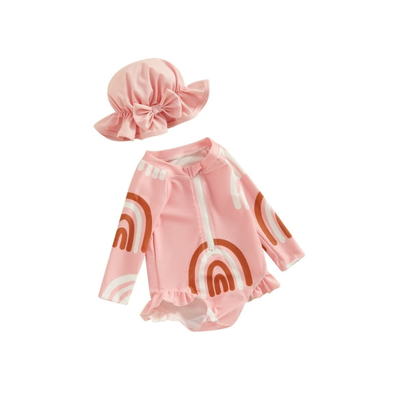 JYYYBF Baby Girls 2 Pcs Bathing Suit Outfits, Round Neck Long Sleeve Zipper Swimsuit   3D Bow Swim Cap Toddler Beach Wear Set