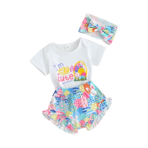 JYYYBF Baby Girls 3Pcs Easter Outfit Short Sleeve Romper Ruffle Shorts Headband Set Newborn Clothes