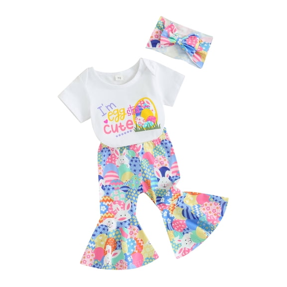 JYYYBF Baby Girls Easter Outfit Letter Print Short Sleeves Romper and Egg Print Flare Pants Headband Summer 3 Piece Clothes