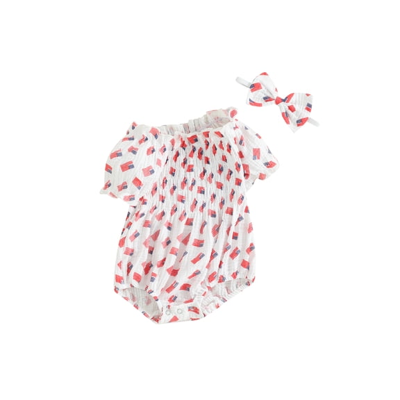 JYYYBF Baby Girls Fourth of July Outfits Short Sleeve Flag Print Romper   Headband Set Newborn Clothes
