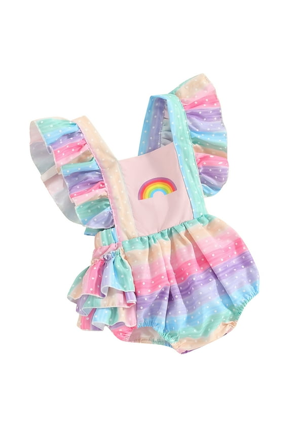 Baby Girls Romper, Fly Sleeve Square Neck Rainbow Print Infant Bodysuit Summer Clothes for Casual Daily
