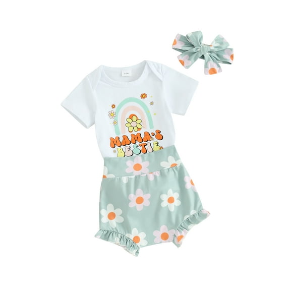 JYYYBF Baby Girls Shorts Outfits LetterRainbow Print Short Sleeve Romper with Daisy Shorts and Heaband 3 Pcs Summer Set
