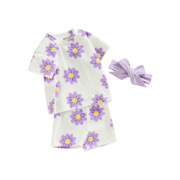 JYYYBF Baby Girls Shorts Set, Flower Print Short Sleeve T-shirt Elastic Waist Shorts with Hairband Summer Outfit