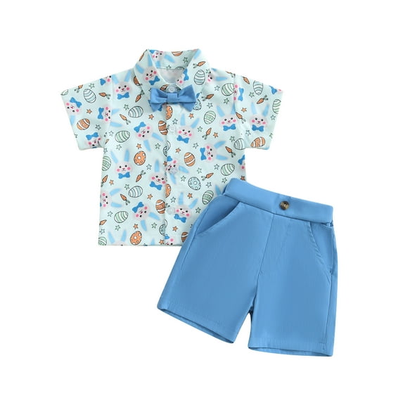 JYYYBF Baby Toddler Boy Easter Outfit Rabbit Egg Short Sleeve Button-up Shirt with Bowtie Solid Shorts 2 Piece Set