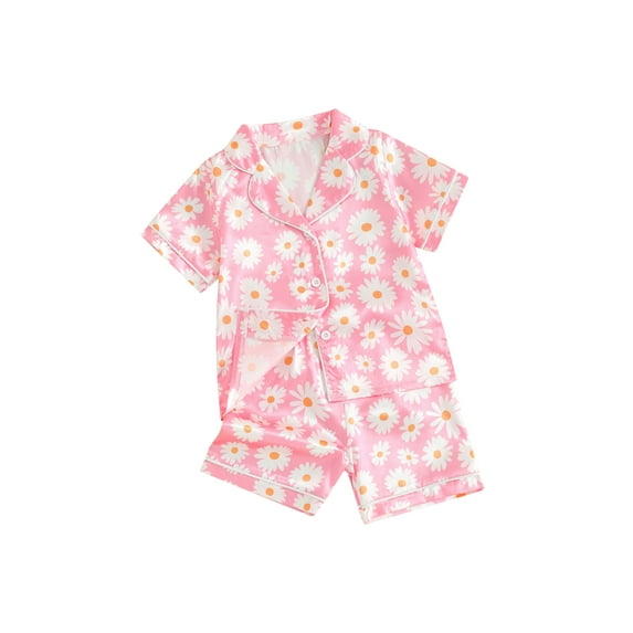 JYYYBF Boys and Girls Satin Pajama Set, Short Sleeve Button Down Daisy Print Tops + Elastic Waist Shorts Toddler Kids Lounge Outfit