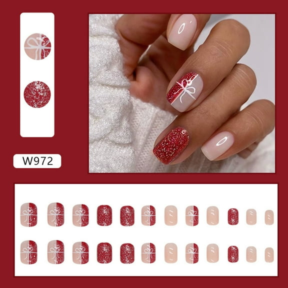 JYYYBF Christmas Press on Nails 24Pcs Short Fake Nails Glue On Square Nails with Bow Glitter Design