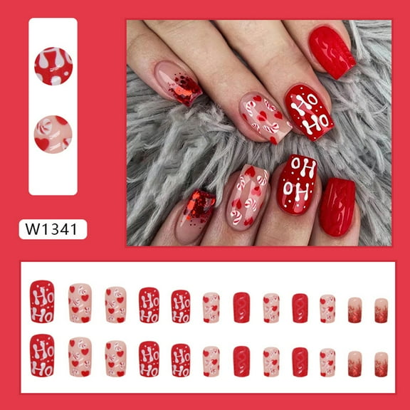 JYYYBF Christmas Press on Nails 24Pcs Short Fake Nails Glue On Square Nails with Candy Cane Heart Design