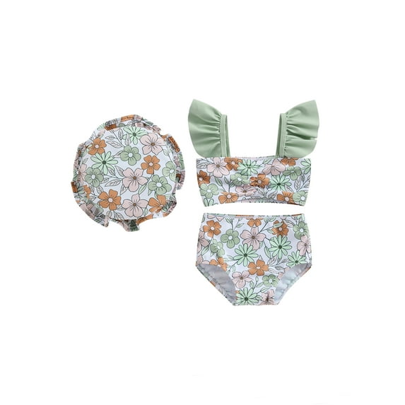 JYYYBF Girls Beach Swimwear 3 Piece Swimsuits Floral Print Flying Sleeve Tops Shorts Hat Bathing Suits