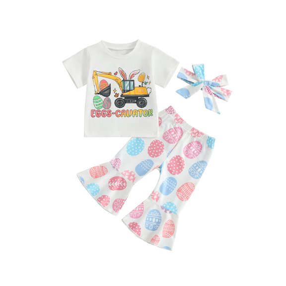 JYYYBF Girls Easter Outfit, Short Sleeve Tractor Print T-shirt with Eggs Print Flare Pants and Headband Summer Outfit