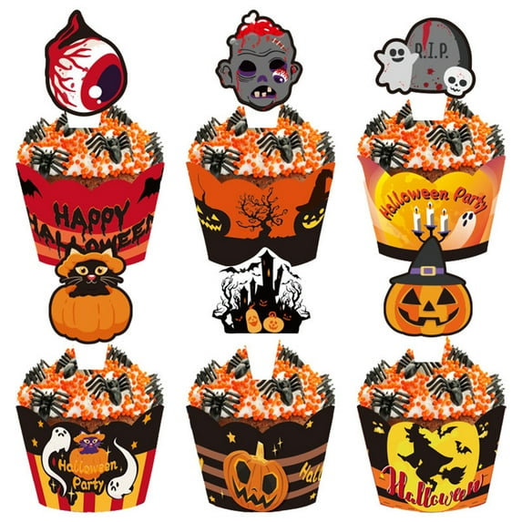 JYYYBF Halloween Cake Decoration Set, Pumpkin Ghost Cupcake Paper Cup with Topper Dessert Decoration Party Favor