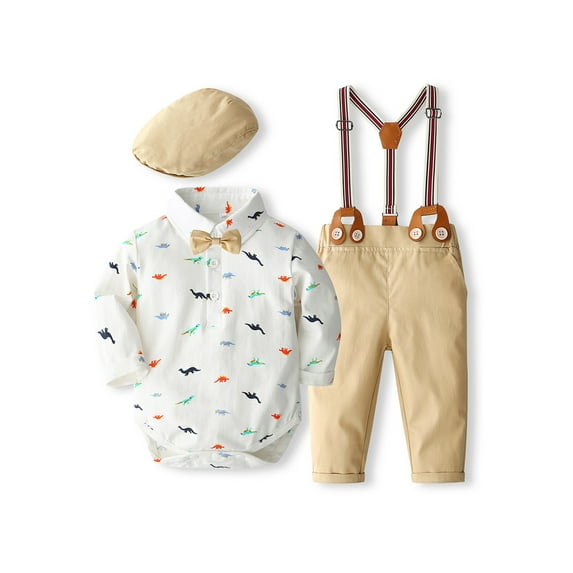 JYYYBF Infant Baby Boy Clothes Suit Newborn Gentleman Outfits Long Sleeve Dots Print Bow Tie Romper Suspender Pant Hat Wedding Set