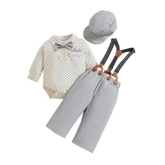 JYYYBF Infant Baby Boy Clothes Suit Newborn Gentleman Outfits Long Sleeve Dots Print Bow Tie Romper Suspender Pant Hat Wedding Set