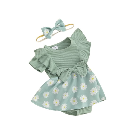 JYYYBF Infant Baby Girl Romper Dress Daisy Print Short Sleeve Round Neck Jumpsuit with Bow Headband