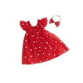 thumbnail image 1 of JYYYBF Infant Baby Girl Valentine's Day Jumpsuit with Bow Headband Fly Sleeve Heart Print Tulle Mesh Dress Romper Set, 1 of 6
