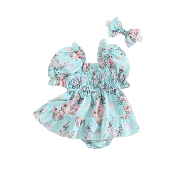 JYYYBF Infant Baby Girls Easter Romper Dress Bunny Floral Print Short Sleeve Jumpsuit with Headband