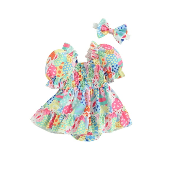 JYYYBF Infant Baby Girls Easter Romper Dress Bunny Floral Print Short Sleeve Jumpsuit with Headband