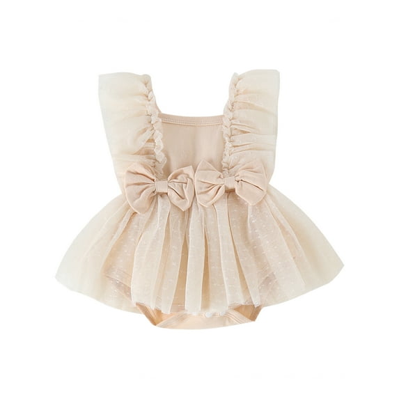 JYYYBF Infant Baby Girls Tulle Romper Dress Dot Print Flying Sleeve Square Neck Bow Jumpsuit