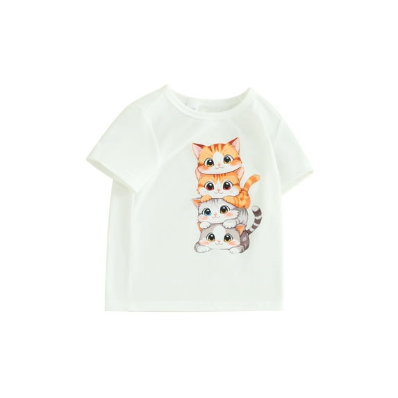 JYYYBF Kid Summer T-Shirt Cartoon Cat Print Short Sleeve Round Neck Graphic Tops for Little Girls and Boys