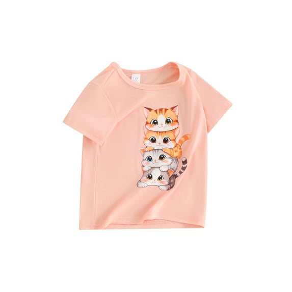 JYYYBF Kid Summer T-Shirt Cartoon Cat Print Short Sleeve Round Neck Graphic Tops for Little Girls and Boys