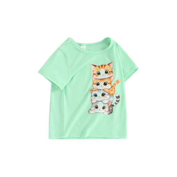 JYYYBF Kid Summer T-Shirt Cartoon Cat Print Short Sleeve Round Neck Graphic Tops for Little Girls and Boys