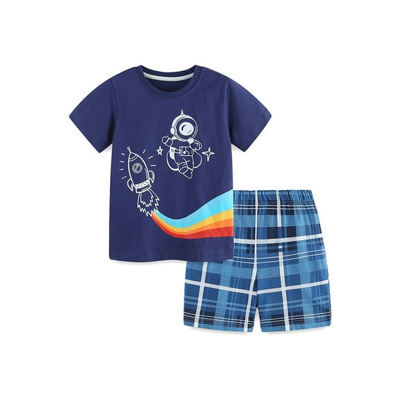 JYYYBF Kids Boys Shorts Set, Short Sleeve Astronaut Spaceship Print T-shirt with Plaid Shorts Toddler Set Summer Outfit