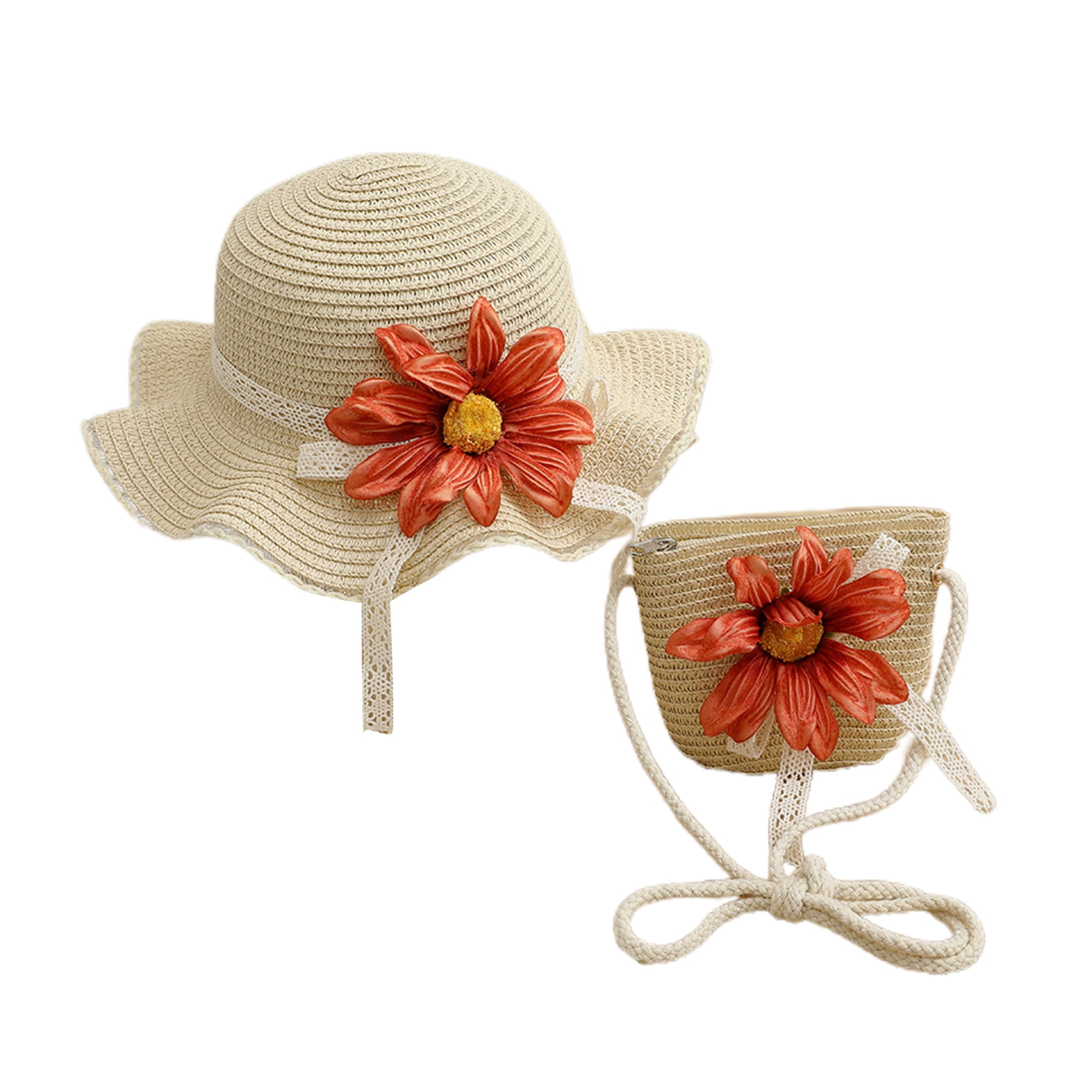 JYYYBF Little Girl Summer Straw Hat and Bag Set 3D Flower Wide Brim Cap