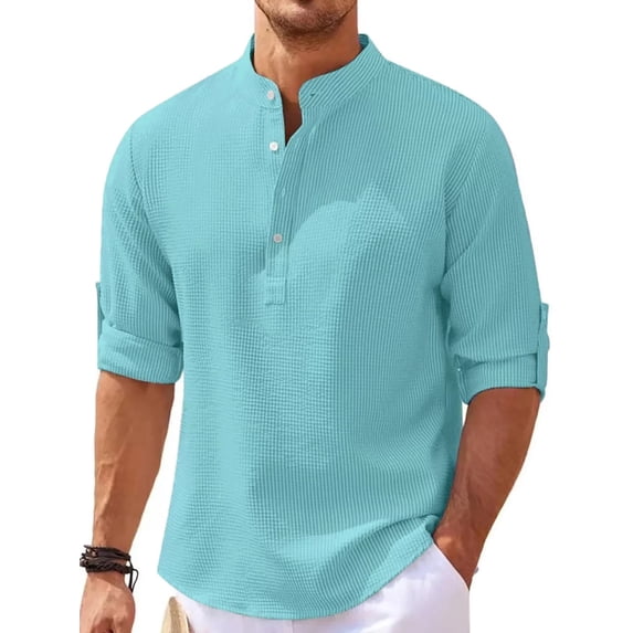 JYYYBF Men Shirts Solid Color Textured Buttons Long Sleeve Tops Stand Collar Spring Fall Casual Clothes