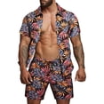 thumbnail image 1 of JYYYBF Men's 2 Pcs Beach Set Leaves/Flower Print Short Sleeve Holiday Hawaii Shirts Tops Casual Elastic Waist Shorts Summer Outfits, 1 of 6