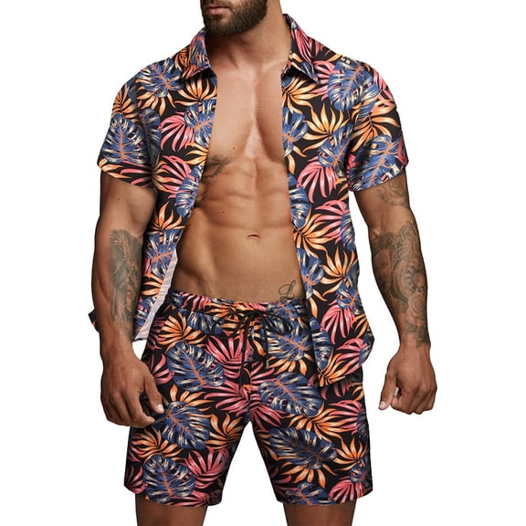 JYYYBF Men's 2 Pcs Beach Set Leaves/Flower Print Short Sleeve Holiday Hawaii Shirts Tops Casual Elastic Waist Shorts Summer Outfits