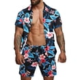 thumbnail image 1 of JYYYBF Men's 2 Pcs Beach Set Leaves/Flower Print Short Sleeve Holiday Hawaii Shirts Tops Casual Elastic Waist Shorts Summer Outfits, 1 of 6