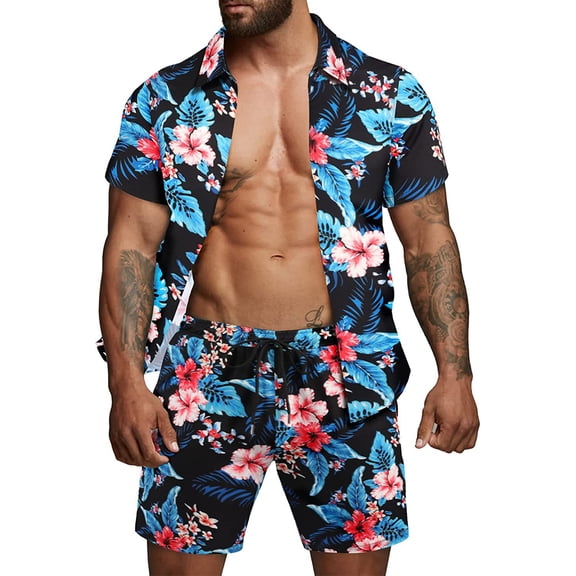 JYYYBF Men's 2 Pcs Beach Set Leaves/Flower Print Short Sleeve Holiday Hawaii Shirts Tops Casual Elastic Waist Shorts Summer Outfits