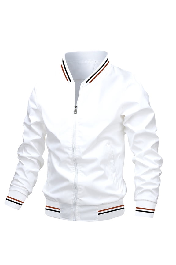 Men's Fall Lightweight Bomber Jacket Stripe Print Long Sleeve Stand Collar Zip Up Fitted Coat