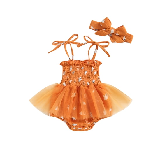 JYYYBF Newborn Infant Baby Girl Outfits Pumpkin Print Mesh Patchwork Summer Romper Dress Headband Cute Halloween Clothes