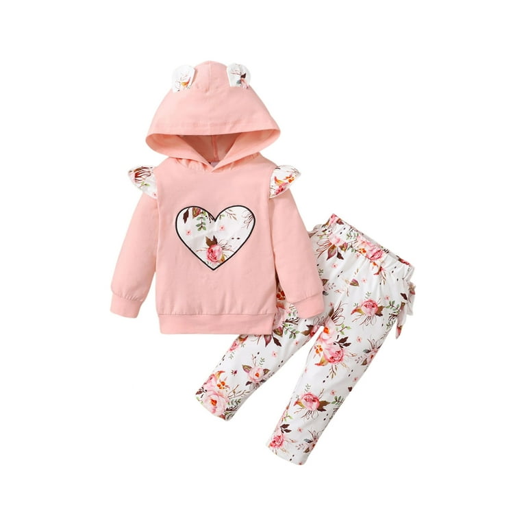 JYYYBF Toddler Baby Girl Clothes Long Sleeve Love Floral Hoodie Sweatshirt  Flower Pants Winter Spring Outfit Pink 6-9 Months