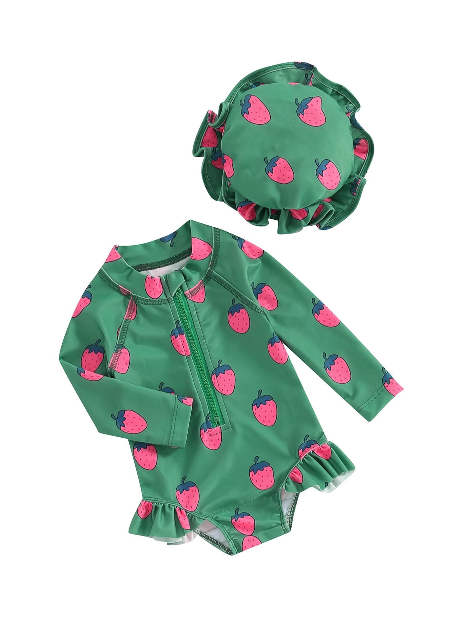 JYYYBF Toddler Baby Girl Rash Guard Strawberry Print Long Sleeve Ruffle Swimsuit Zipper Bathing