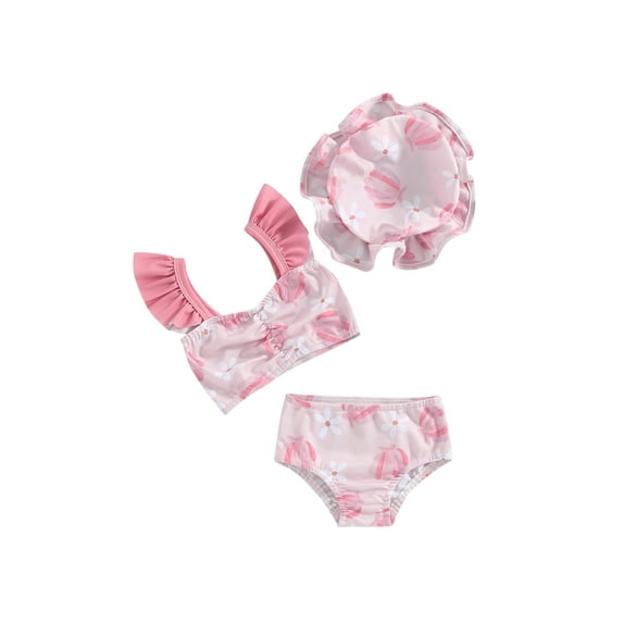 JYYYBF Toddler Baby Girls Summer Swimsuit Floral Print Fly Sleeve Tankini Tops Swim Shorts Swim Cap 3 Pieces Bathing Suit Beach Bikini