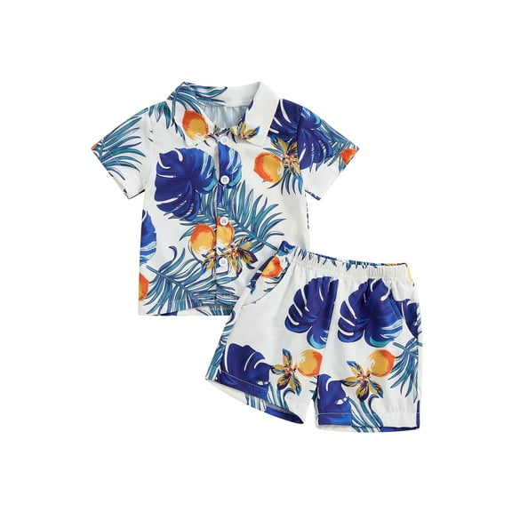 JYYYBF Toddler Boy Summer Shorts Set Tropical Print Lapel Neck Single Breasted Shorts Sleeve Tops Solid Color Shorts Outfit