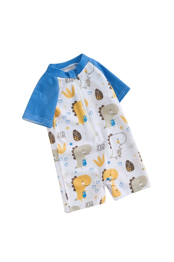 Toddler Boys Rash Guard Swimwear Cartoon Marine Organisms Print Short Sleeve Swimsuits Front Zipper Bathing Suits